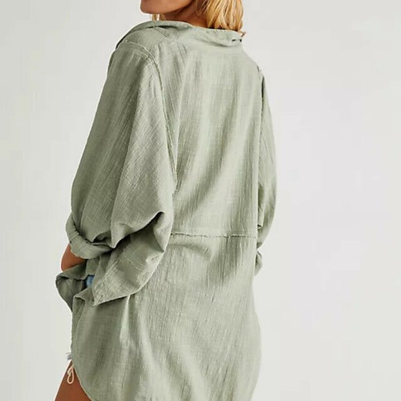 Free People One And Only Buttondown Top Tunic Green Tea S US ITEM - Picture 2 of 6